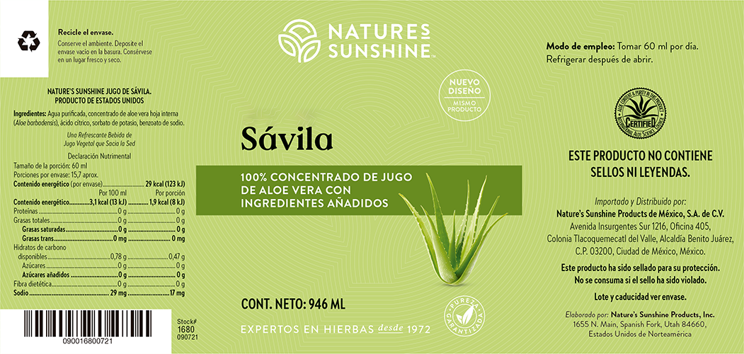 Nature's Sunshine Jugo de Sabila 946 ml | Concentrado 100% Aloe Vera |Apoya Digestion, Detox, Hidratación